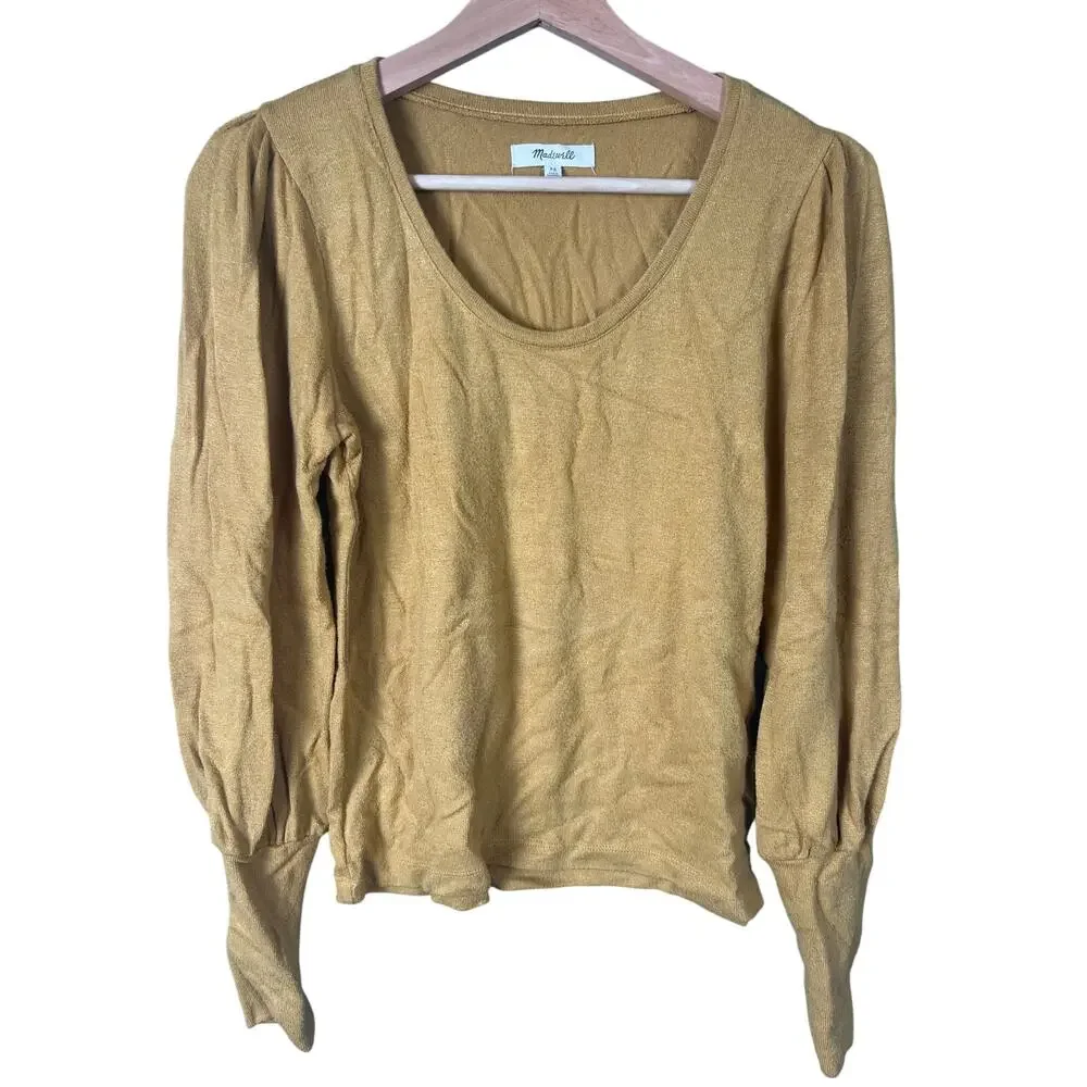 Madewell XS Puff-Sleeve Scoopneck Top Mustard Long Sleeve Women’s